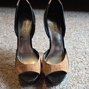 Bebe Black and Tan Open-Toe Heels